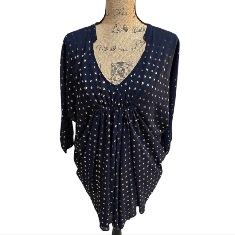 Aryn K. Navy Blue and Gold Babydoll V-Neck Blouse Size‎ Small New